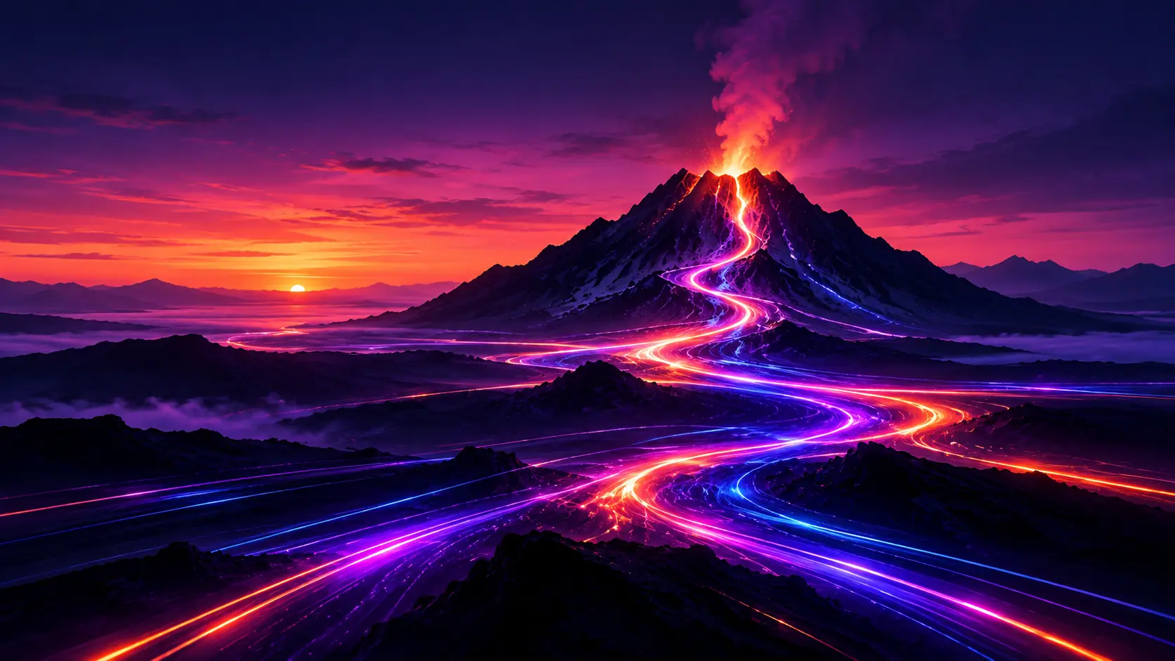 A volcanic mountain with luminous purple, blue and orange data streams flowing from its summit